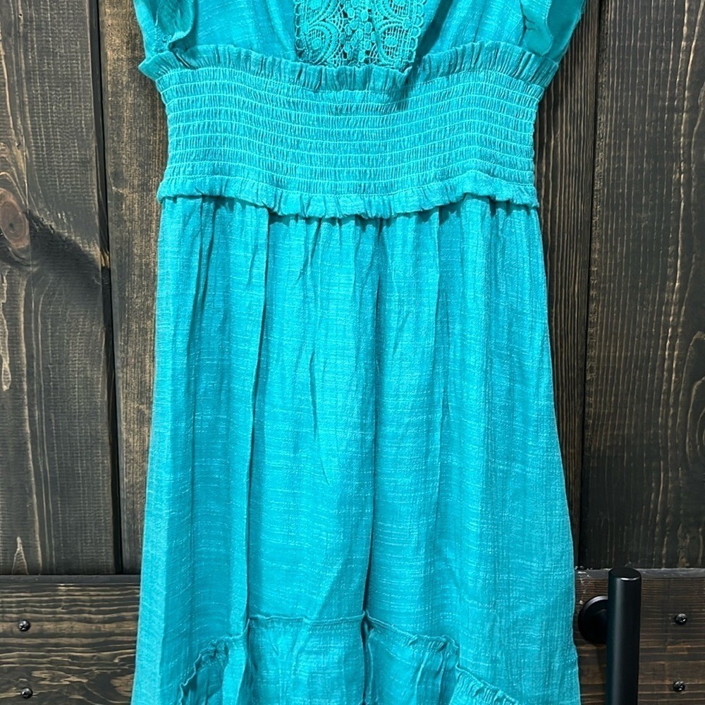 J Gee Maxi Dress S Teal Green‎ Blue Tiered Ruffle Boho Smocked Flutter Lace Trim - Picture 6 of 14